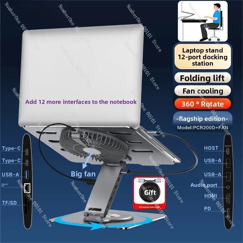 Supporto per laptop con docking station - Docking station di tipo C, proiezione schermo HDMI 4K 60Hz, porta di rete Gigabit