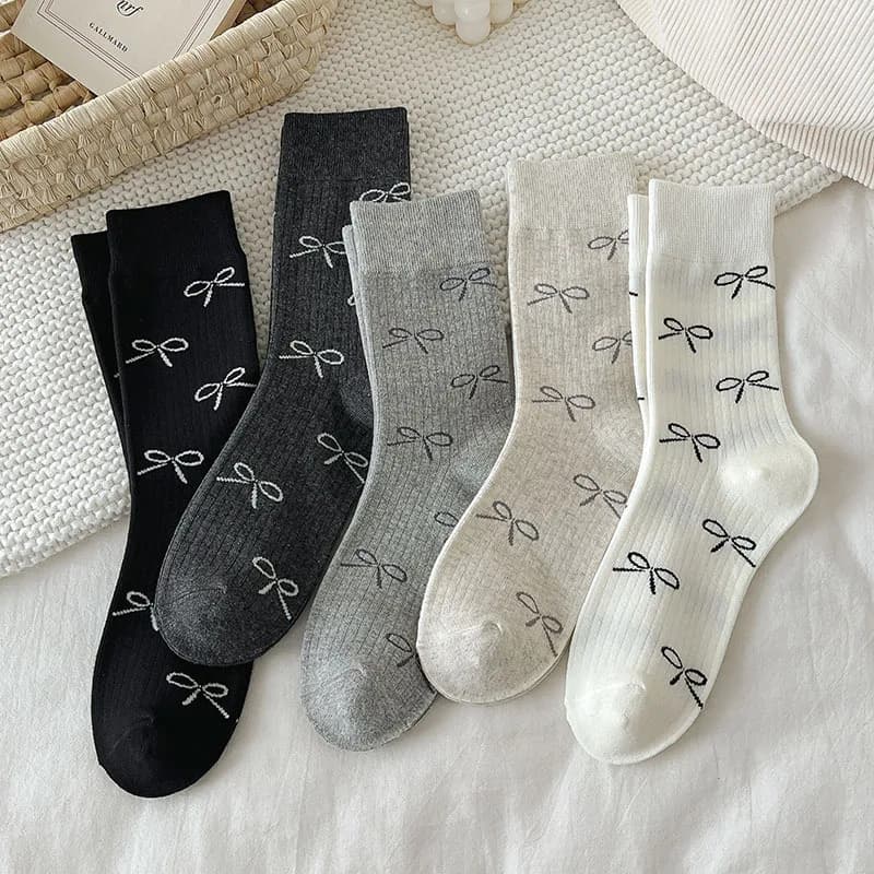 5 Pairs Women Mid Calf Socks Japanese Balletcore Slouch Socks with Bows Spring Summer Long Socks Matching Oxford Shoes