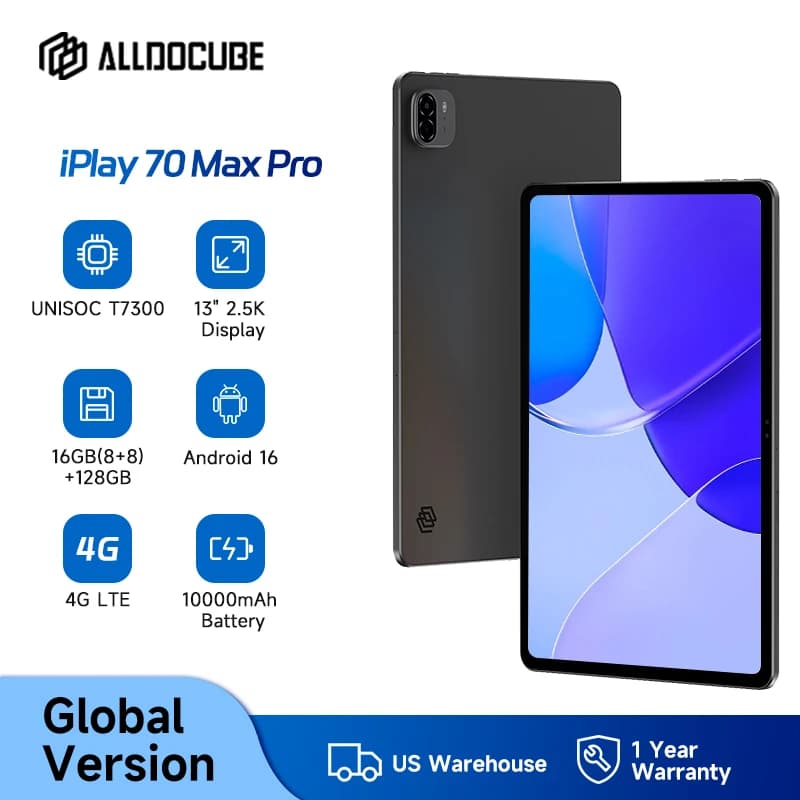ALLDOCUBE iPlay 70 Max Pro Tablet 13'' Display 2.5K Unisoc T7300 16GB RAM 128GB ROM Android 16 10000mAh 4G LTE Tablet