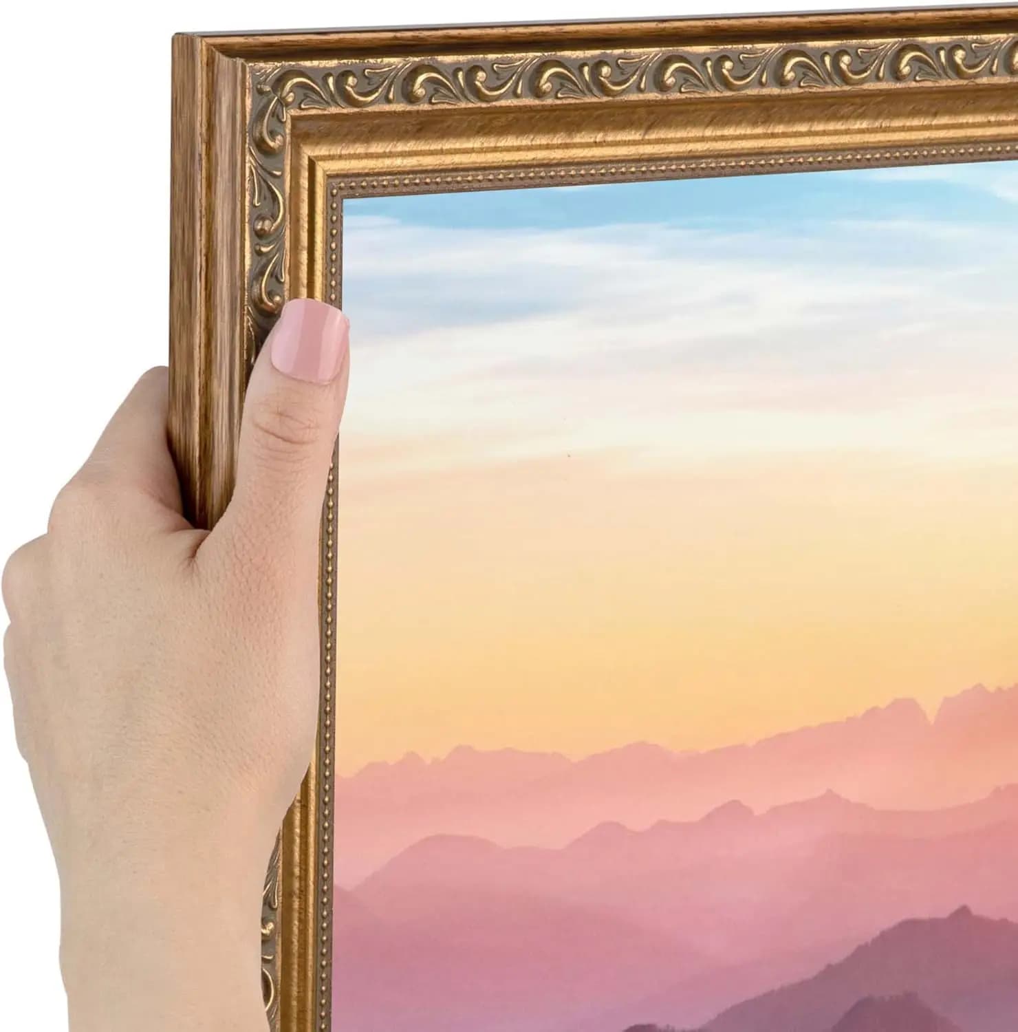 Cornice per Foto in Legno Dorato con Perline 18x24 con Plexiglass e Set per Appendere