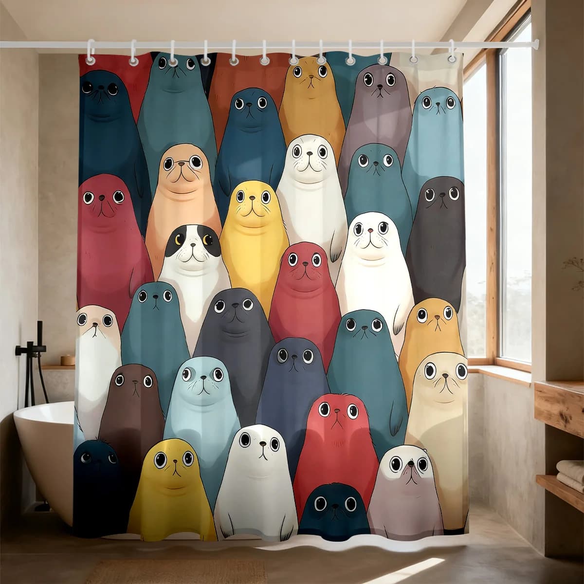 Whimsy Colorful Seal Group Shower Curtain Polyester Digital Printed Funny Cute Sea Animal Cartoon Pattern, Lovely Ocean Creature
