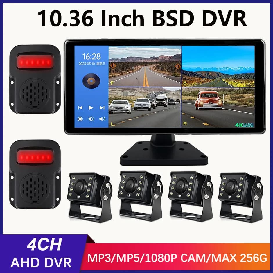 Schermo da 10,36 pollici per auto/camper/autobus/camion Sistema di monitoraggio AHD 1080P Veicolo Telecamera a 4 canali Visione notturna Registratore di parcheggio per retromarcia
