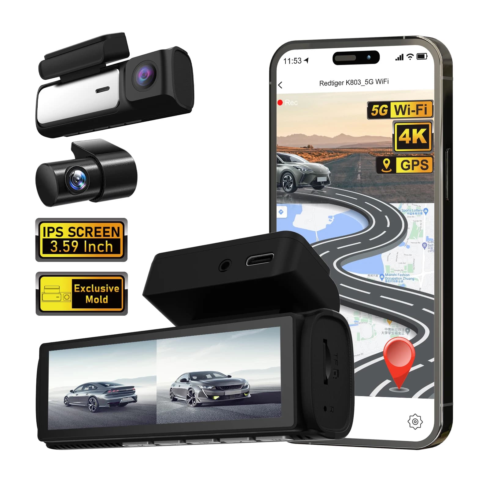 ADINKAM 3.59-inch IPS Screen Dual Lens 4K Dash Cam Front/Rear Camera Car DVR with Night Vision GPS Parking Monitor