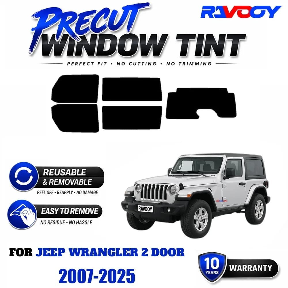 RAVOOY Precut Window Tint, Reusable Removable EPU Film, Custom Fit for Jeep Wrangler 2 Door 2007-2025, UV Heat Protection