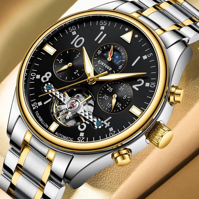 KINYUED Men's Watch Tourbillon Automatic Wrist Watch Waterproof Stainless Steel Strap Calendar Mechanical Business Men's Watch