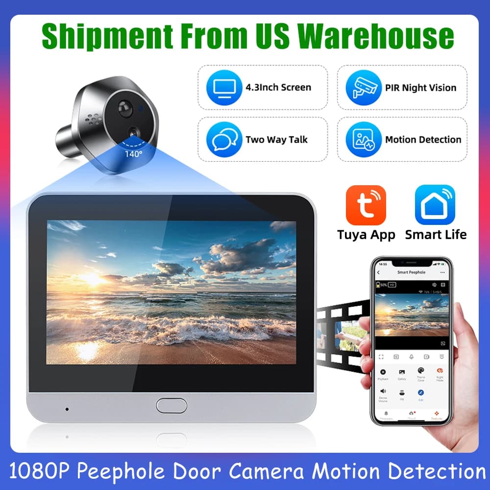 Videocitofono WiFi Tuya da 4,3 pollici con telecamera HD 1080P, visione notturna PIR, rilevamento movimento, spioncino e batteria da 5000mAh