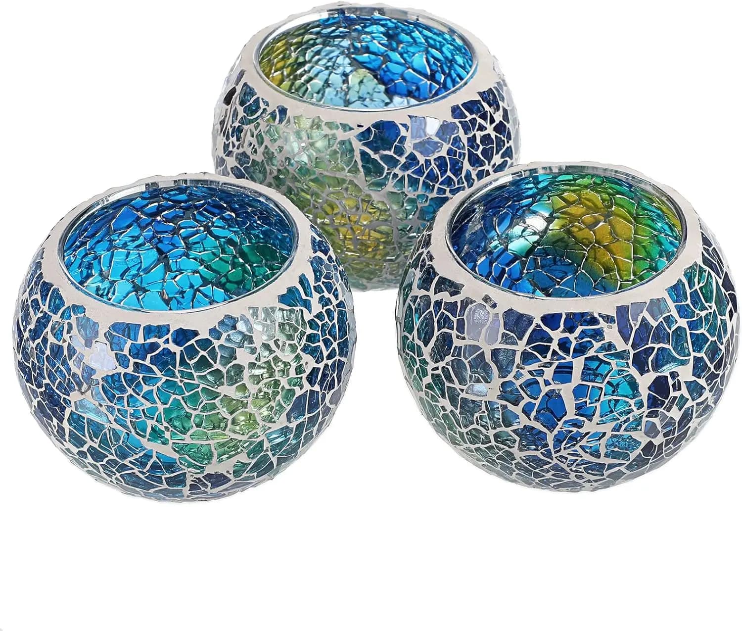 Set di 3 Portacandele in Vetro Mosaico Blu, Supporti Rotondi per Candele Votive, Centrotavola per Matrimoni