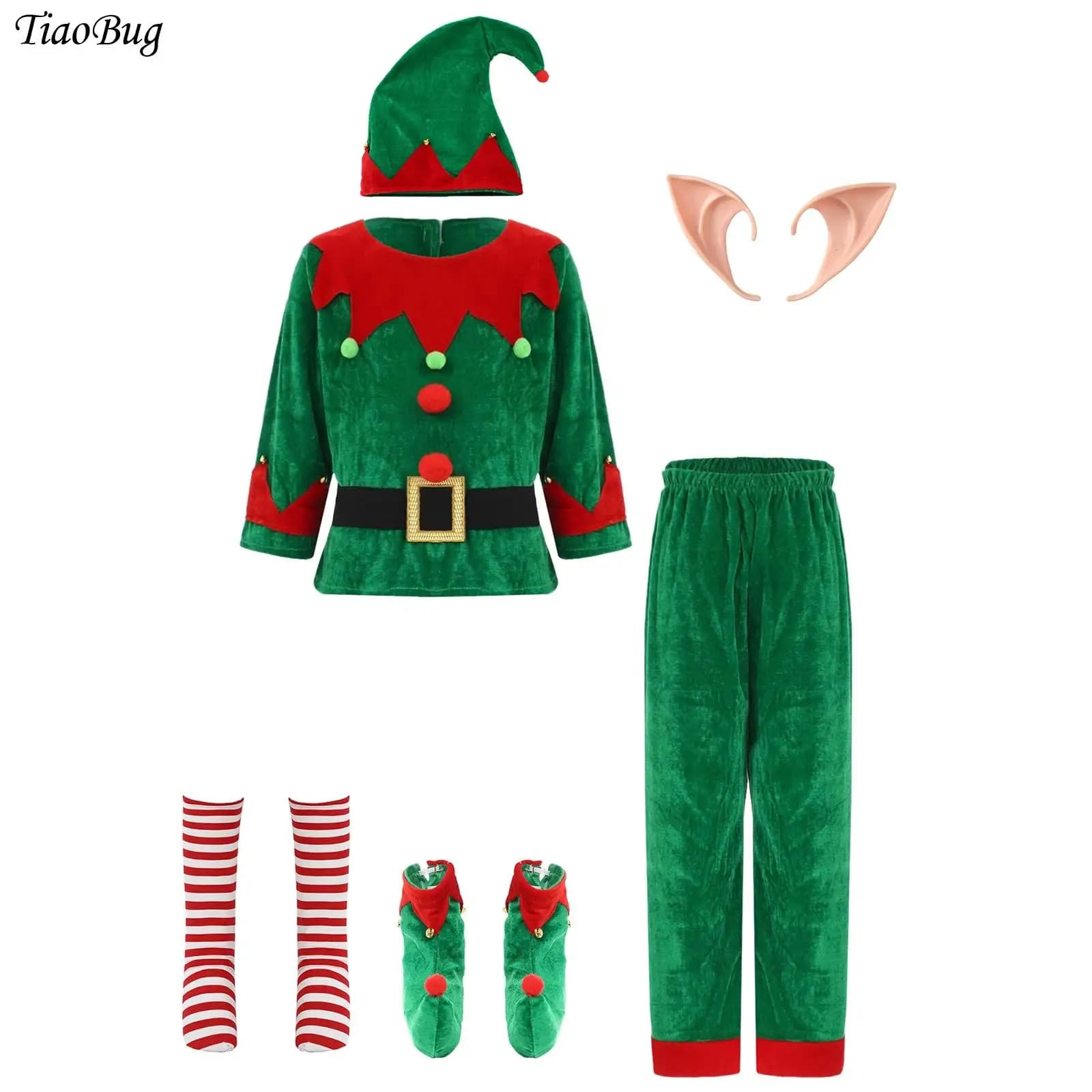 Green elf costume for kids Christmas New Year's Party Family Fantasia Santa Claus Cosplay with Shirt Pants Hat Elf Chestring