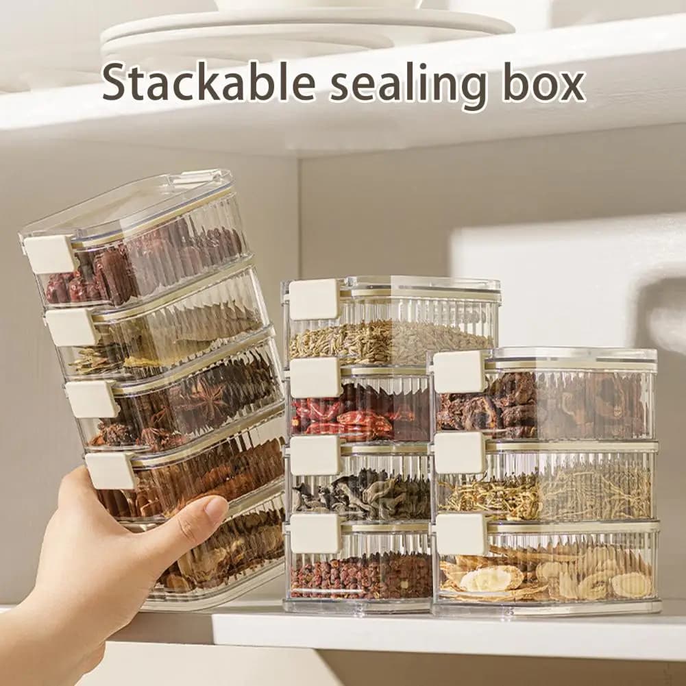 Organizzatore per Spezie da Cucina con 5 Scomparti, Contenitore Ermetico Impilabile per Preparazione Pasti