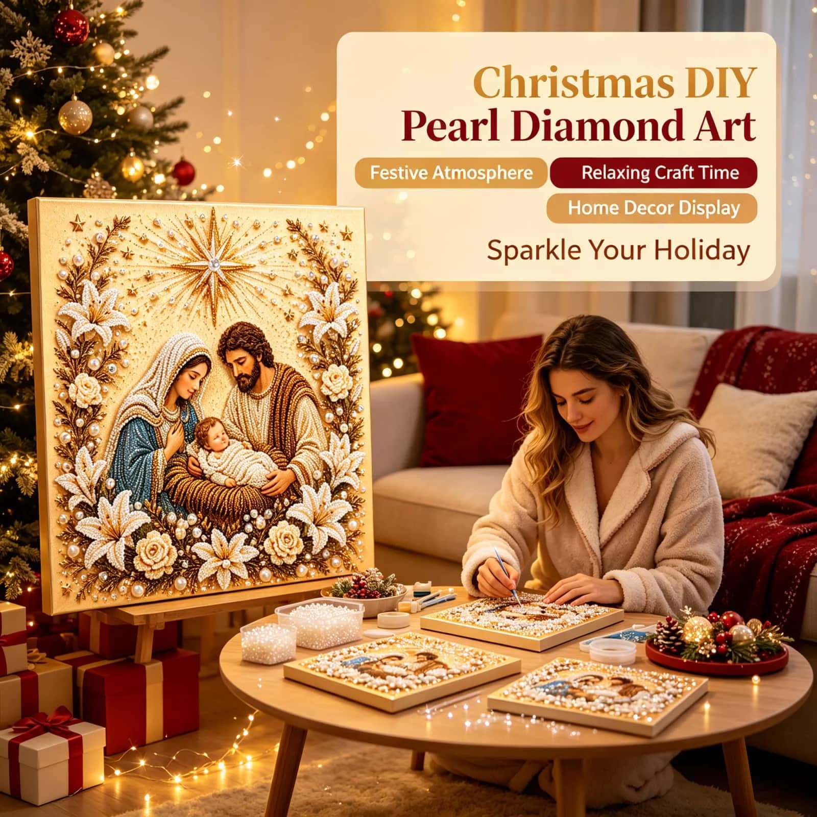 Dowmoo Christmas Pearl Diamond Painting Art Kit Nativity Scene Wood Nano Cloth Acrylic Stress Relief Wall Decor Holiday Gift