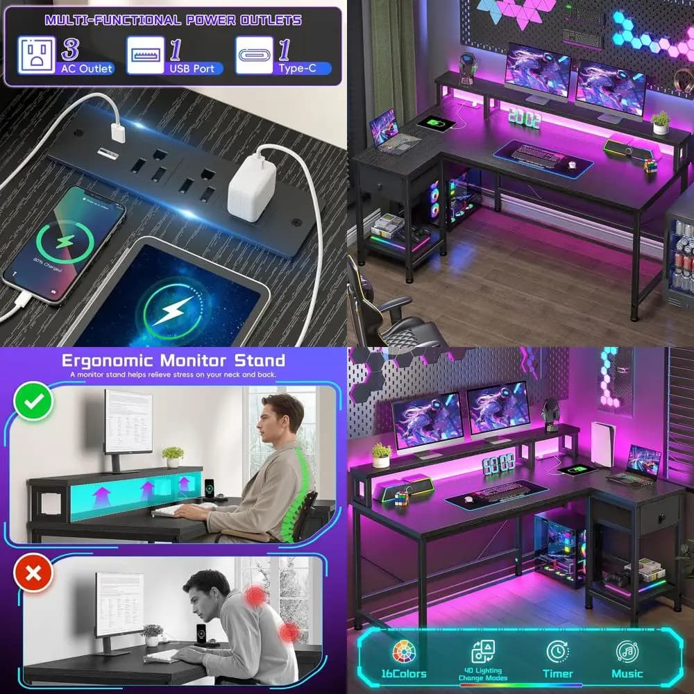 Scrivania da Gaming a L con Luci LED e Presa di Corrente, Ideale per Ufficio Domestico, Studio o Soggiorno, Nera