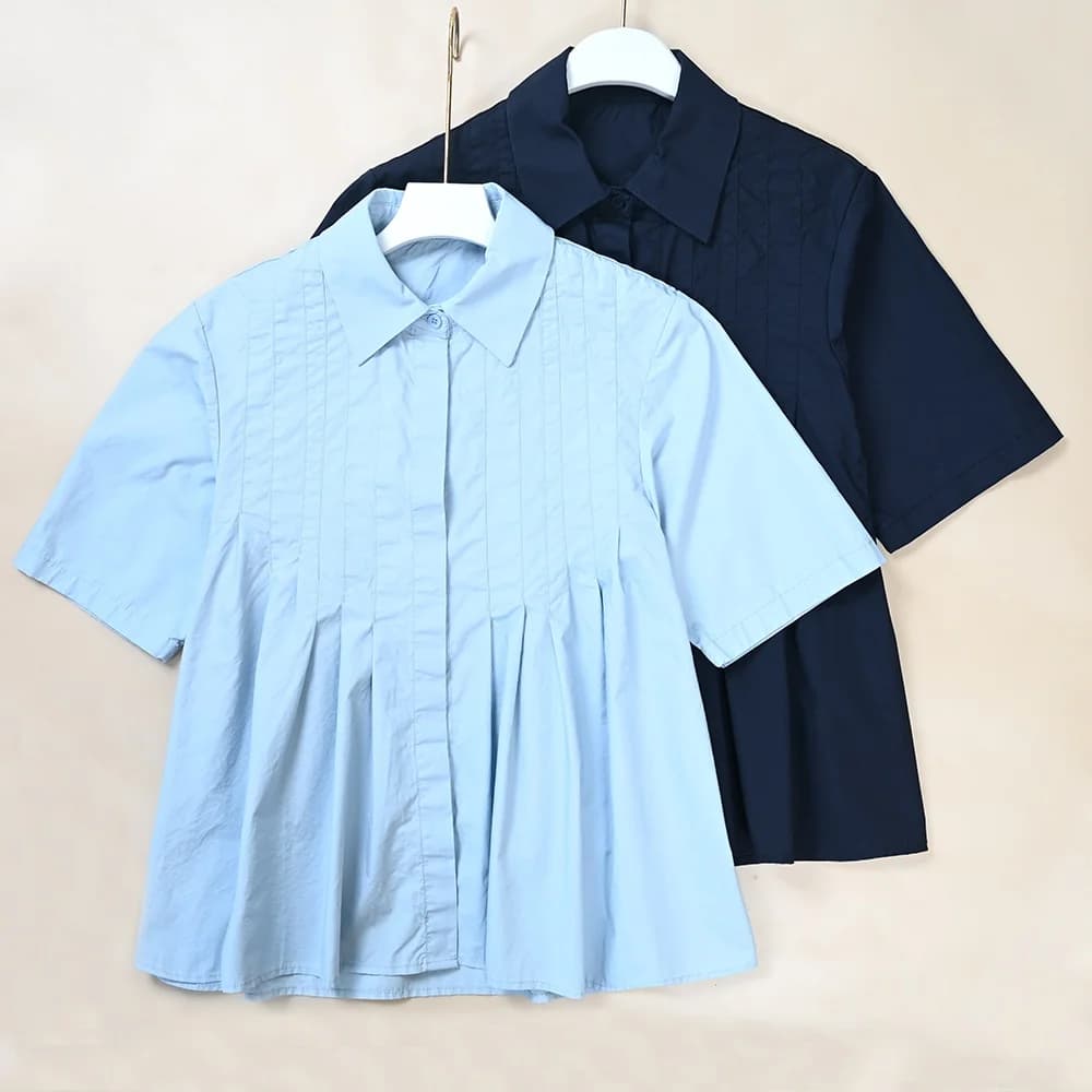 Summer New Women's Pure Color Pleated A-Line Hem Short Sleeve Shirt Slimming High Waist Shorts Casual Style Other Fabric