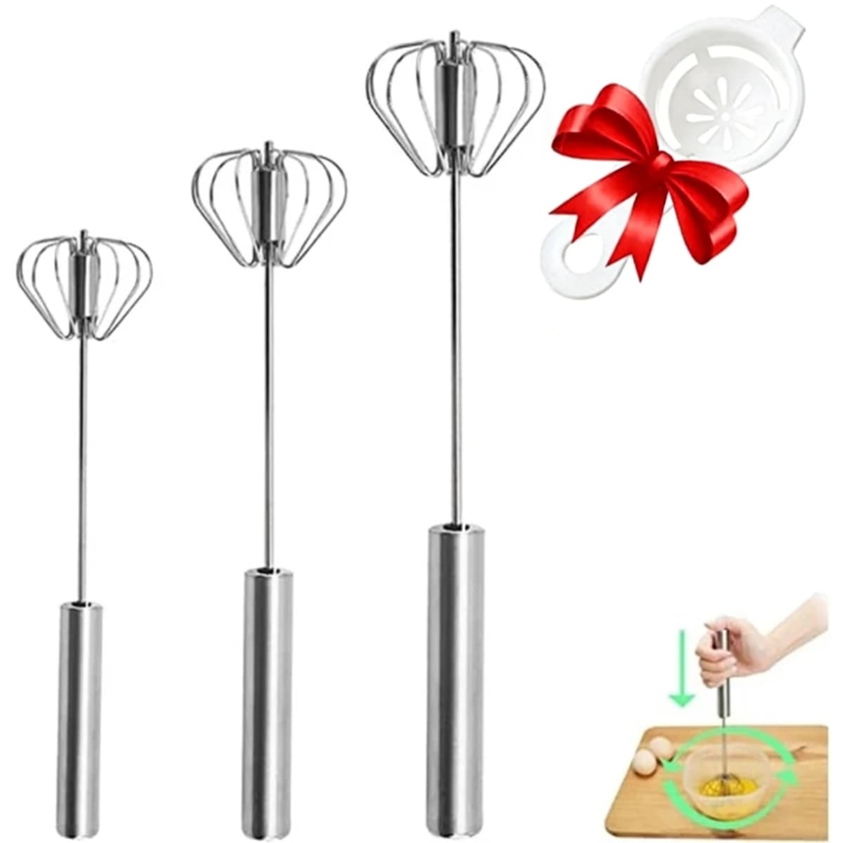 Frullino per Uova in Acciaio Inox 1/3 Pezzi, Sbattitore Semiautomatico Durevole per Montare Uova e Creme Senza Sforzo, Utensile da Cucina