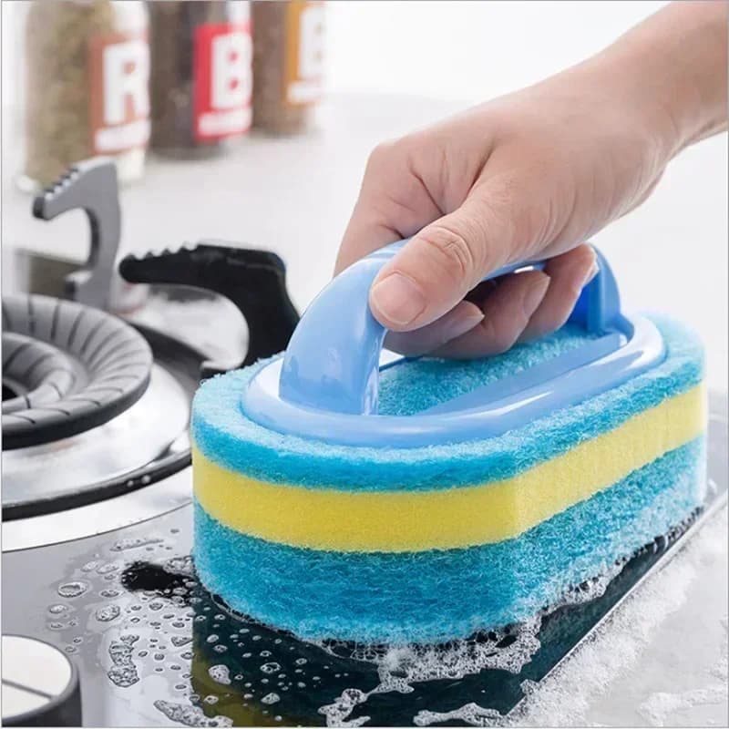 1PC Sponge Cleaning Brush with Handle Thickened Stain Removing Clean Brush Pot Tile Kitchen Toilet Bathroom Cleaning Sponge Wipe