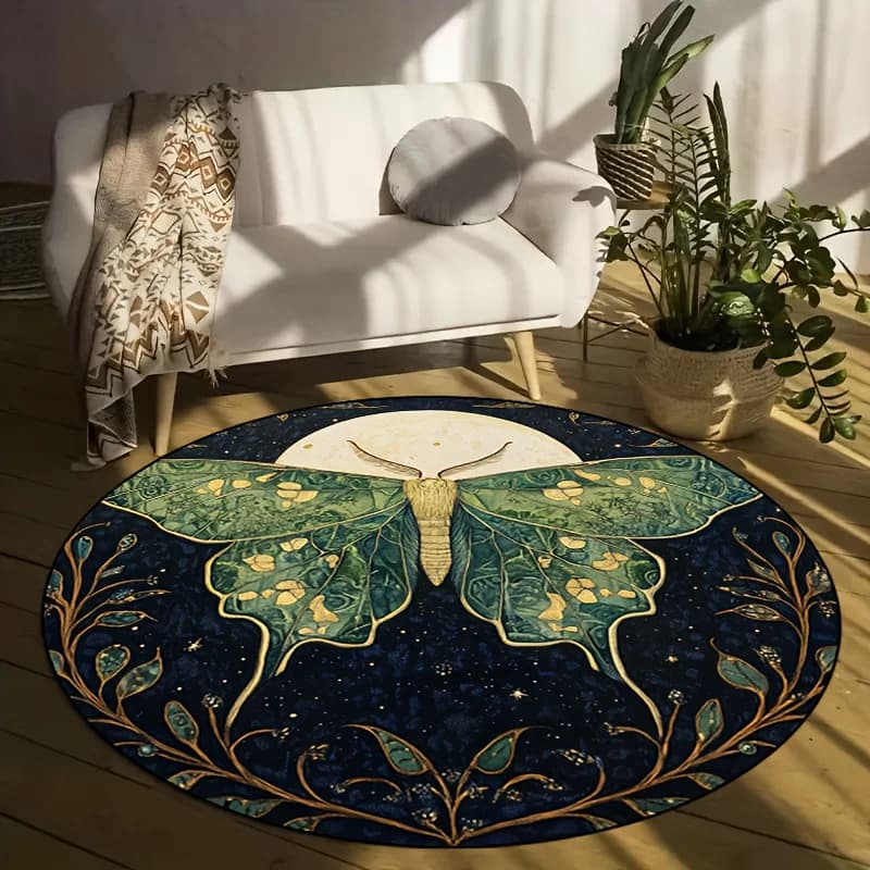 Tappeto rotondo Moon Moth Art, tappeto stampato in flanella, stile boho, decorazione per la casa, morbido e accogliente, per uso interno nel soggiorno