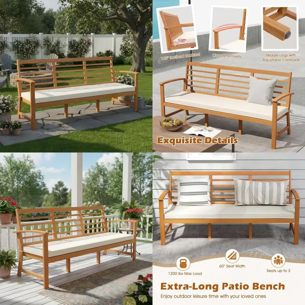 64 Inch Patio Acacia Wood Bench, 3-Seat Extra Long Chair with Cushion, Slatted Seat & Backrest, 3-Person Outdoor Wood Bench