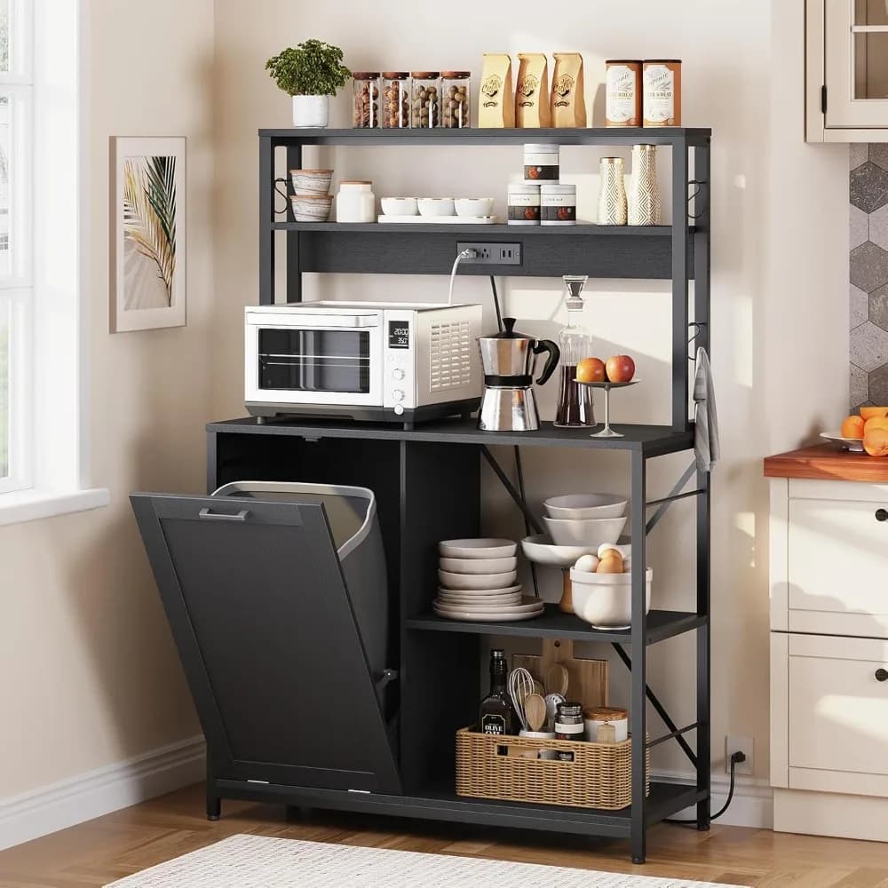 HOOBRO Bakers Rack Supporto per microonde con armadietto per bidoni della spazzatura, scaffale da cucina a 5 livelli con presa di corrente, coff alto