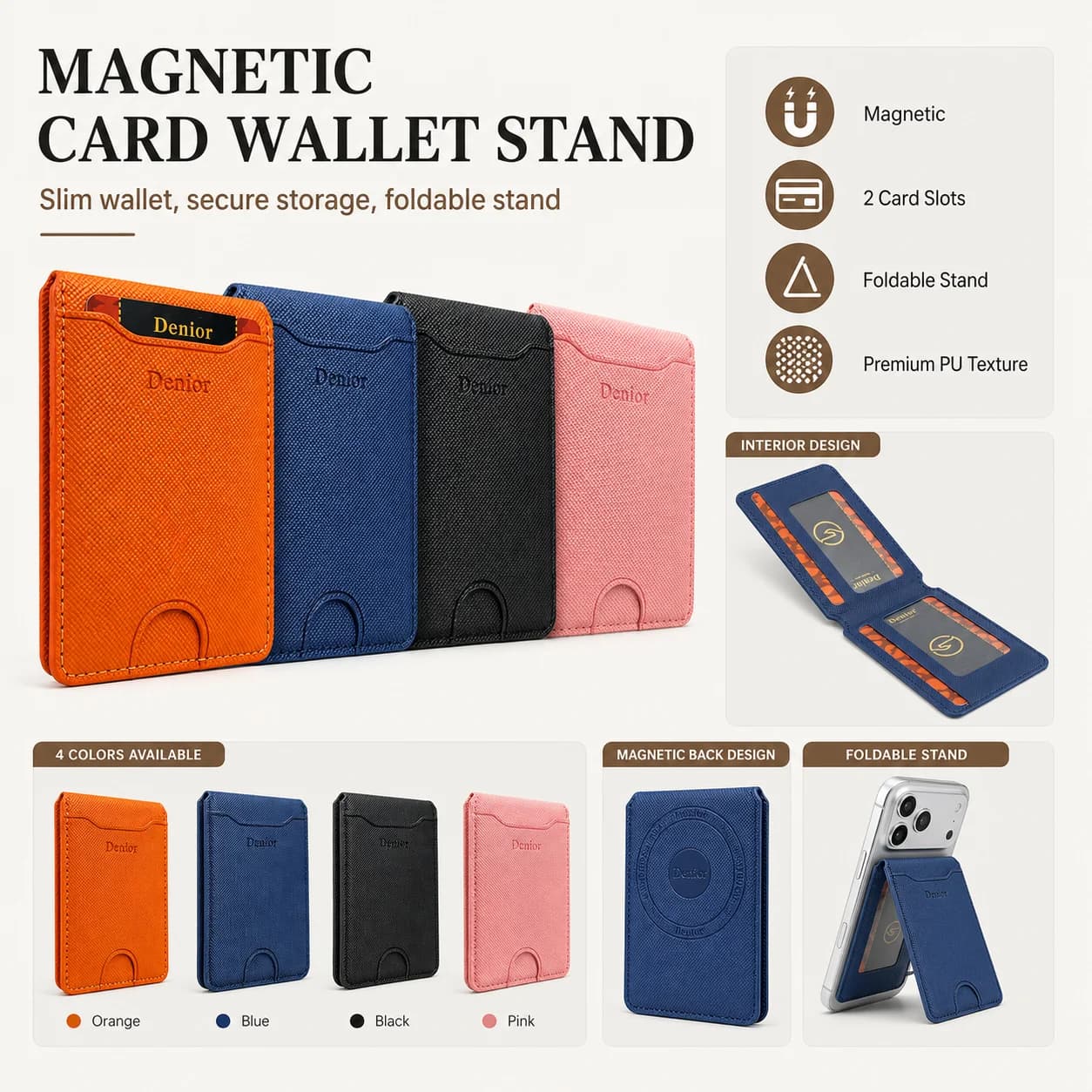 Portacarte Magnetico con Blocco RFID Denior, Portafoglio Sottile in Pelle PU Premium per Telefoni MagSafe