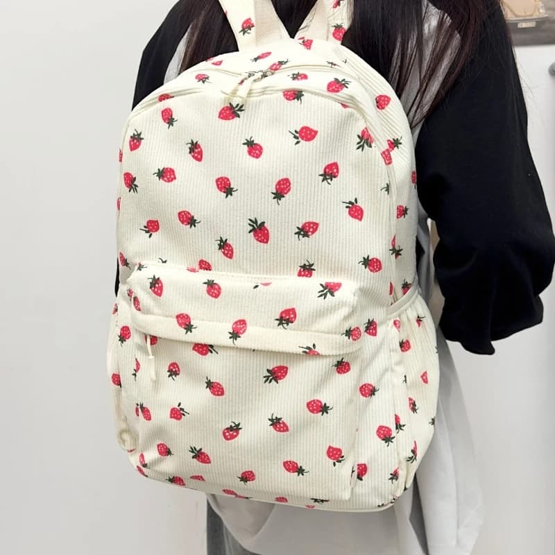Corduroy Backpack Strawberry Women Travel Daypack Adjustable Strap Laptop Backpack Zipper for Work Shopping School Mochilas