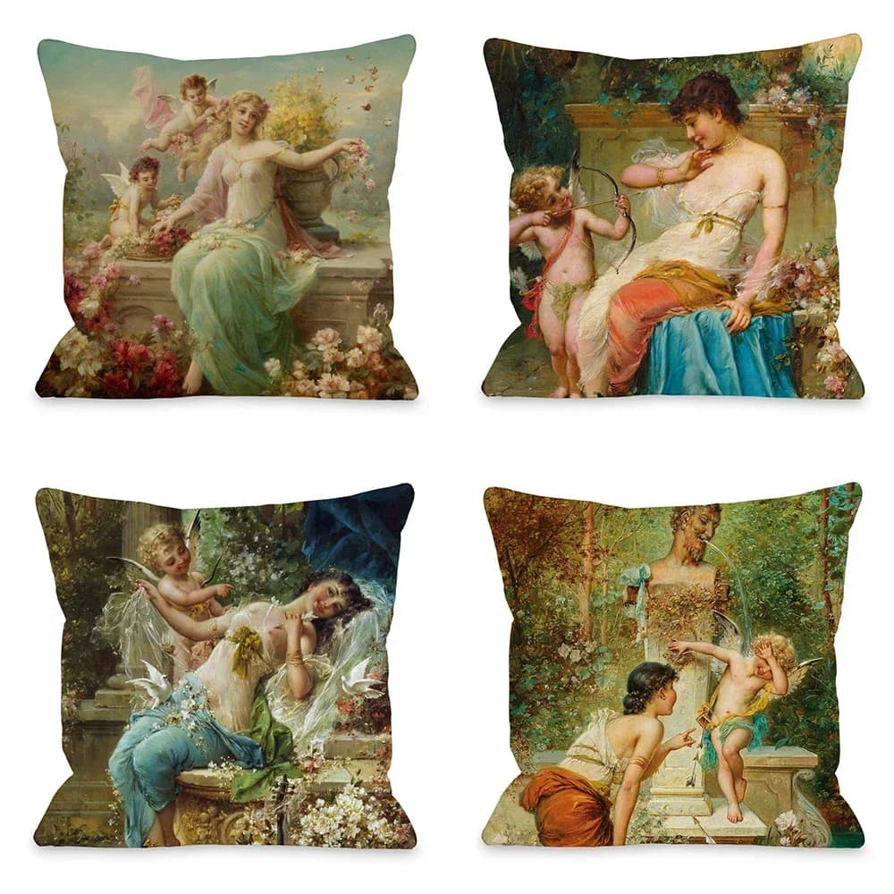 Fodera per cuscino con ritratto di angelo da donna di bellezza con pittura a olio con fodera per cuscino decorativa per divano del soggiorno con stampa corta in peluche