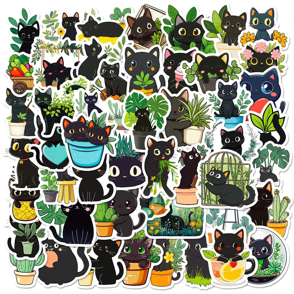 10/30/50 Pezzi Adesivi Carini con Cartoni Animati di Piante e Gatti Neri, Decalcomanie Graffiti Fai da Te per Laptop, Notebook, Valigie, Divertenti Adesivi Decorativi, Giocattolo, Regalo
