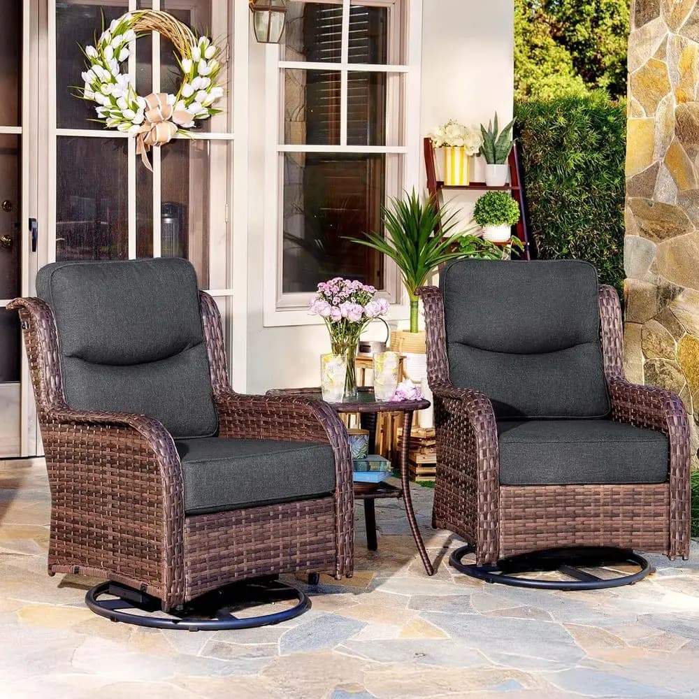 Set di mobili da giardino di lusso in 3 pezzi con cuscini spessi, vimini resistente alle intemperie, sedie a dondolo girevoli con schienale alto, ideali per anziani