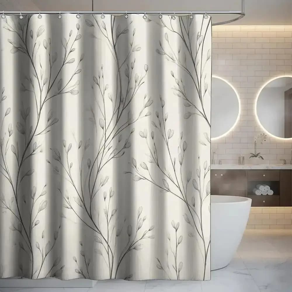 Tenda da doccia minimalista con ramo, motivo botanico grigio, arredamento per il bagno, tende impermeabili, elegante stile per la casa