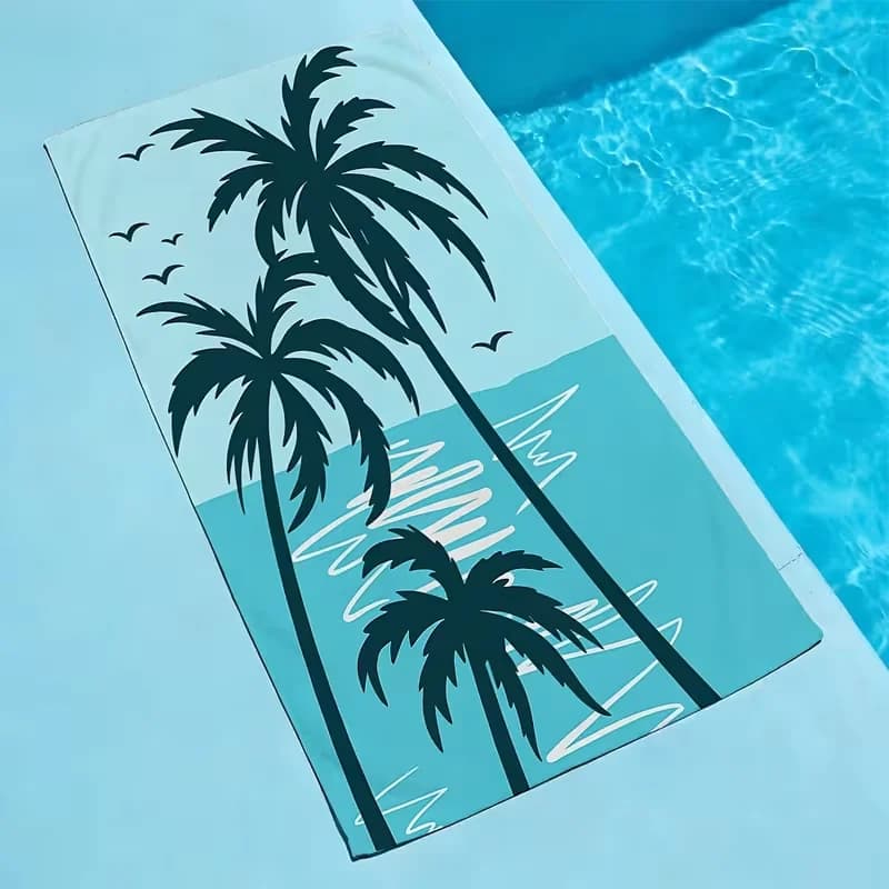 Telo Mare Minimalista con Stampa Palma e Spiaggia, Verde Acqua, Asciugatura Rapida, Anti-Sabbia, Assorbente, per Spiaggia, Piscina, Viaggi, Vacanze Estive