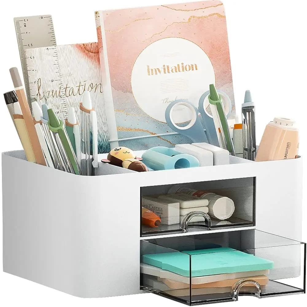 Organizzatore per Penne con 2 Cassetti, Portapenne Multifunzionale da Scrivania, Organizzatori e Accessori da Scrivania con 5 Scomparti