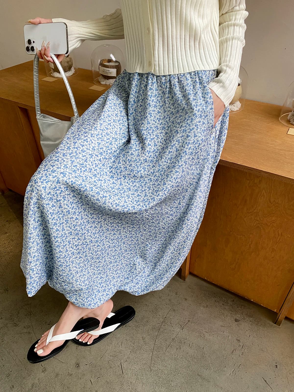 FEELROOM Blue Floral Print Midi Skirt A-Line Slimming Spring Summer Beach Vacation High Waist Polyester Cotton Blend Skirt