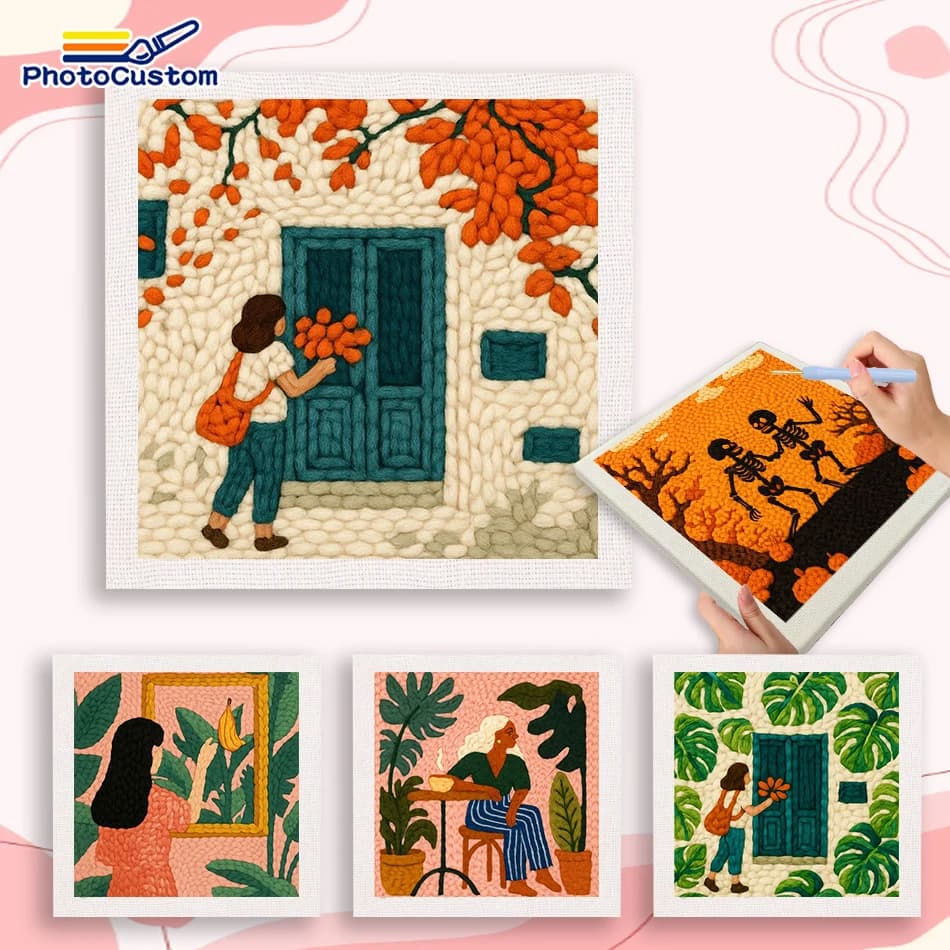 PhotoCustom Woman Punch Needle Home Decor Craft Supplies Landscape Needle Punch Kit For Beginners Wall Art Picture Art Projects