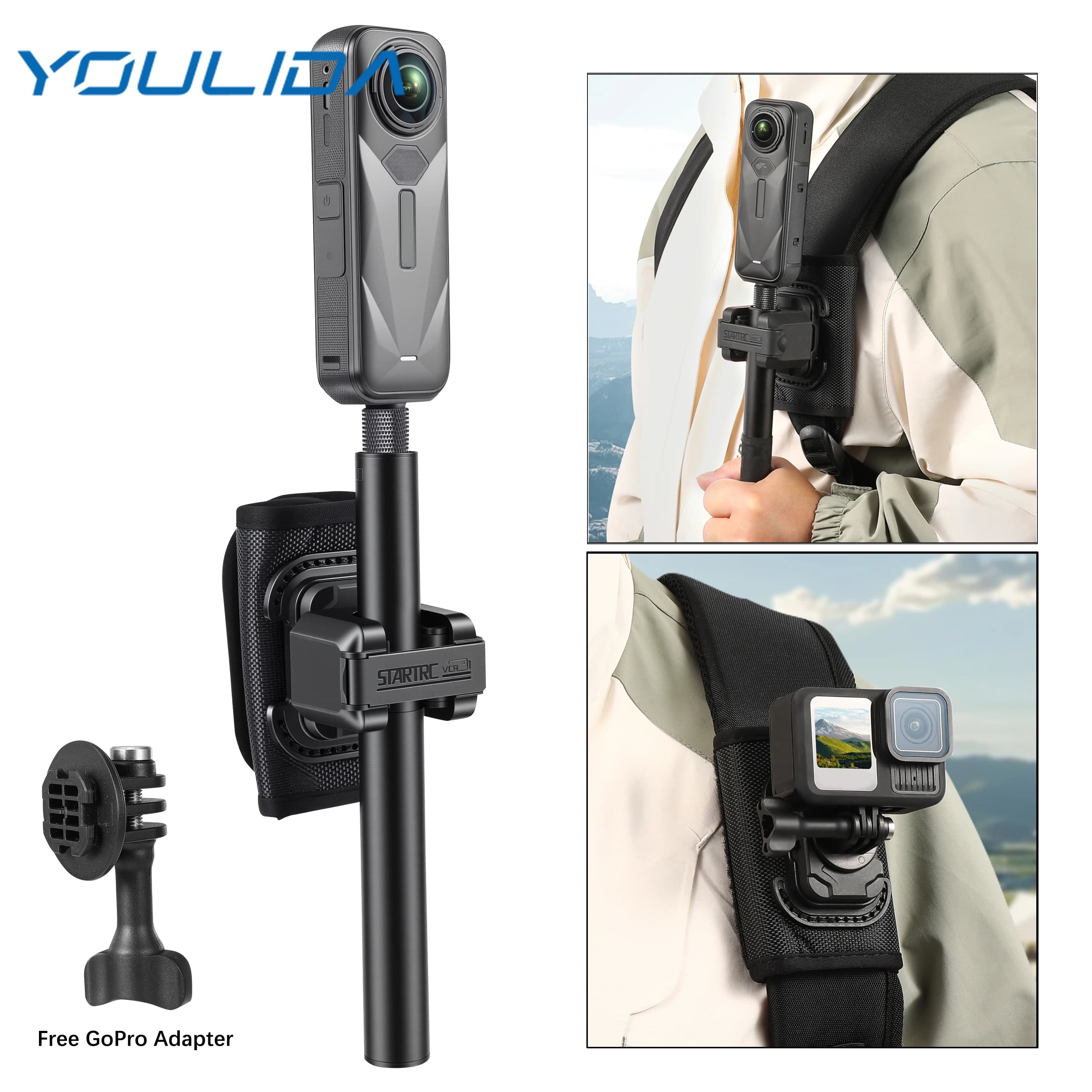 Clip per selfie stick con velcro per DJI Osmo Action 6/4/5/Insta360 Go Ultra/X5/GoPro, supporto a sgancio rapido per tracolla per ciclismo e vlog