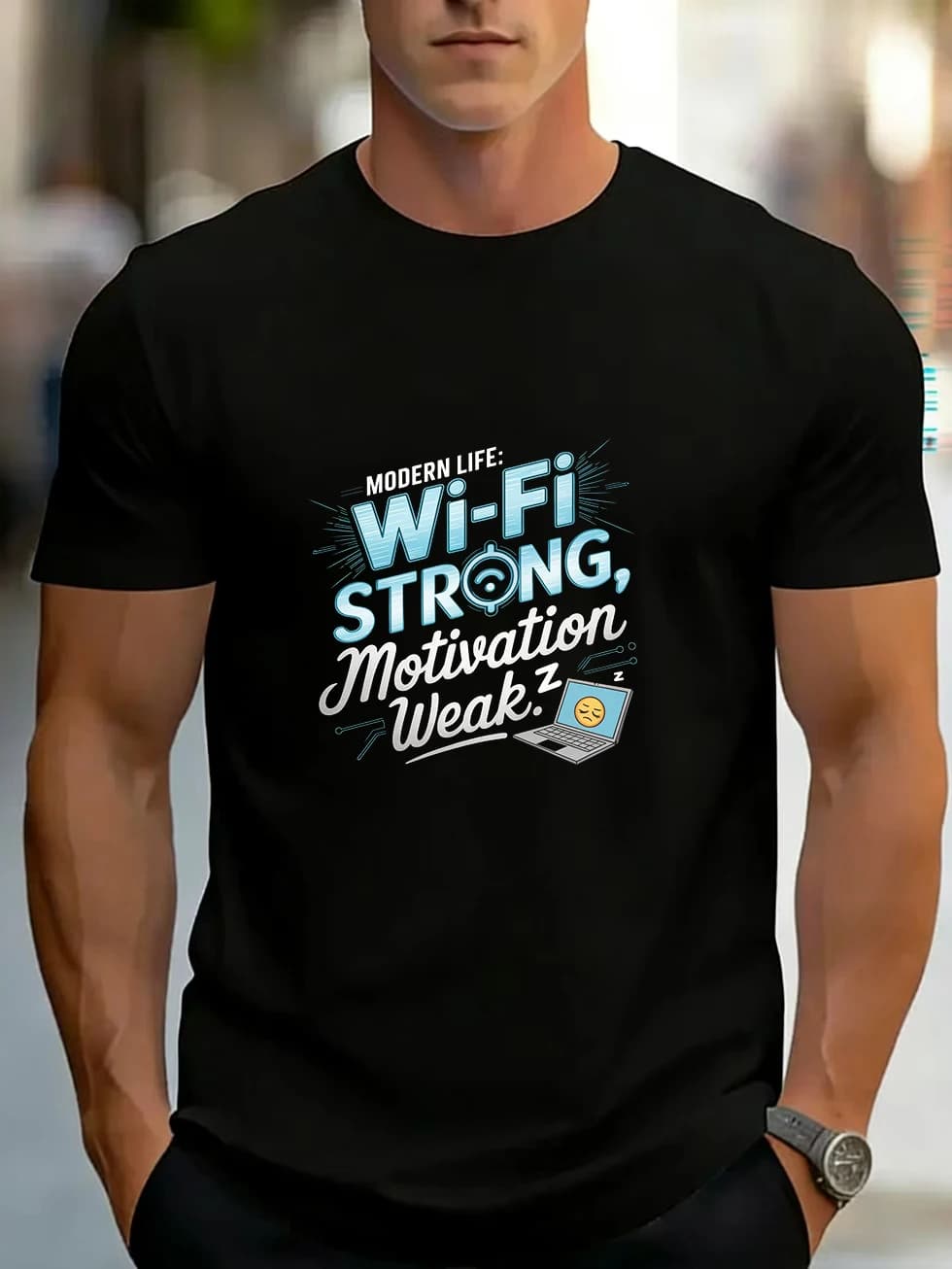 T-shirt da uomo a maniche corte con icona Wi-Fi, font sfumato blu, motivazione, computer portatile grigio chiaro, emoticon giallo, stesso stile per coppie maschili e femminili, puro cotone.