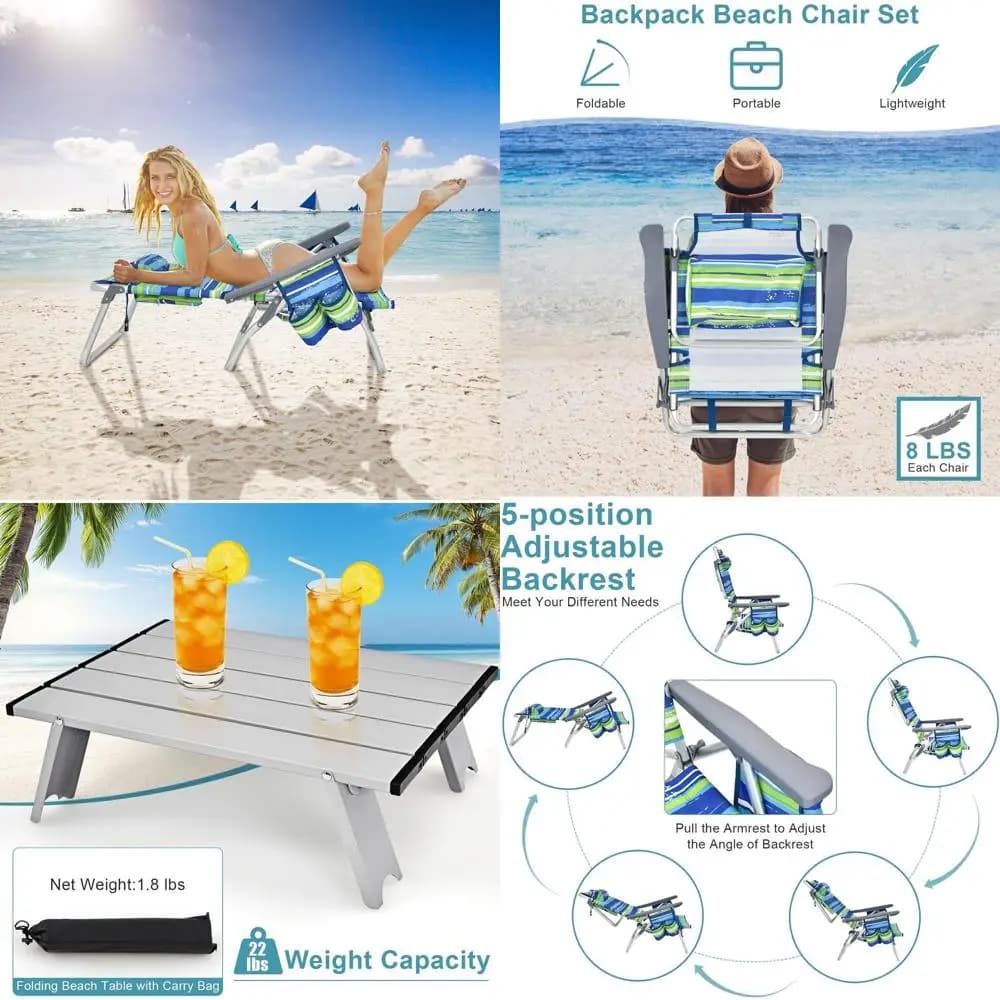 Sdraio da Spiaggia Portatile con Braccioli, Borsa Termica, Portabicchieri, Porta Asciugamani, Tasche Laterali e Tavolino - Motivo a Righe Blu
