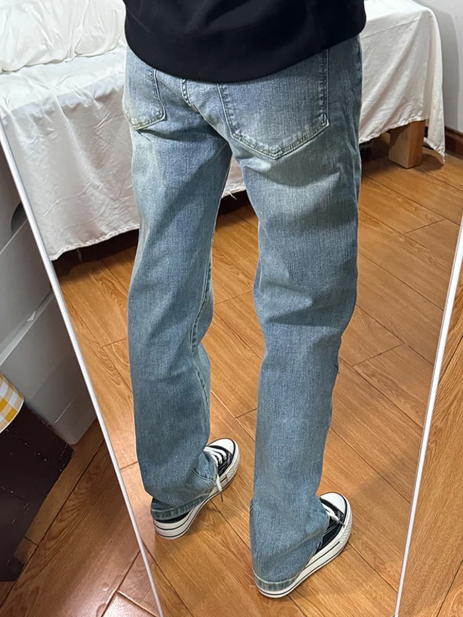 Slim Fit Straight Leg Blue Jeans Men's Cleanfit Elastic Casual Pants Long Trousers Youth Spring Fashion Straight Tube Jeans
