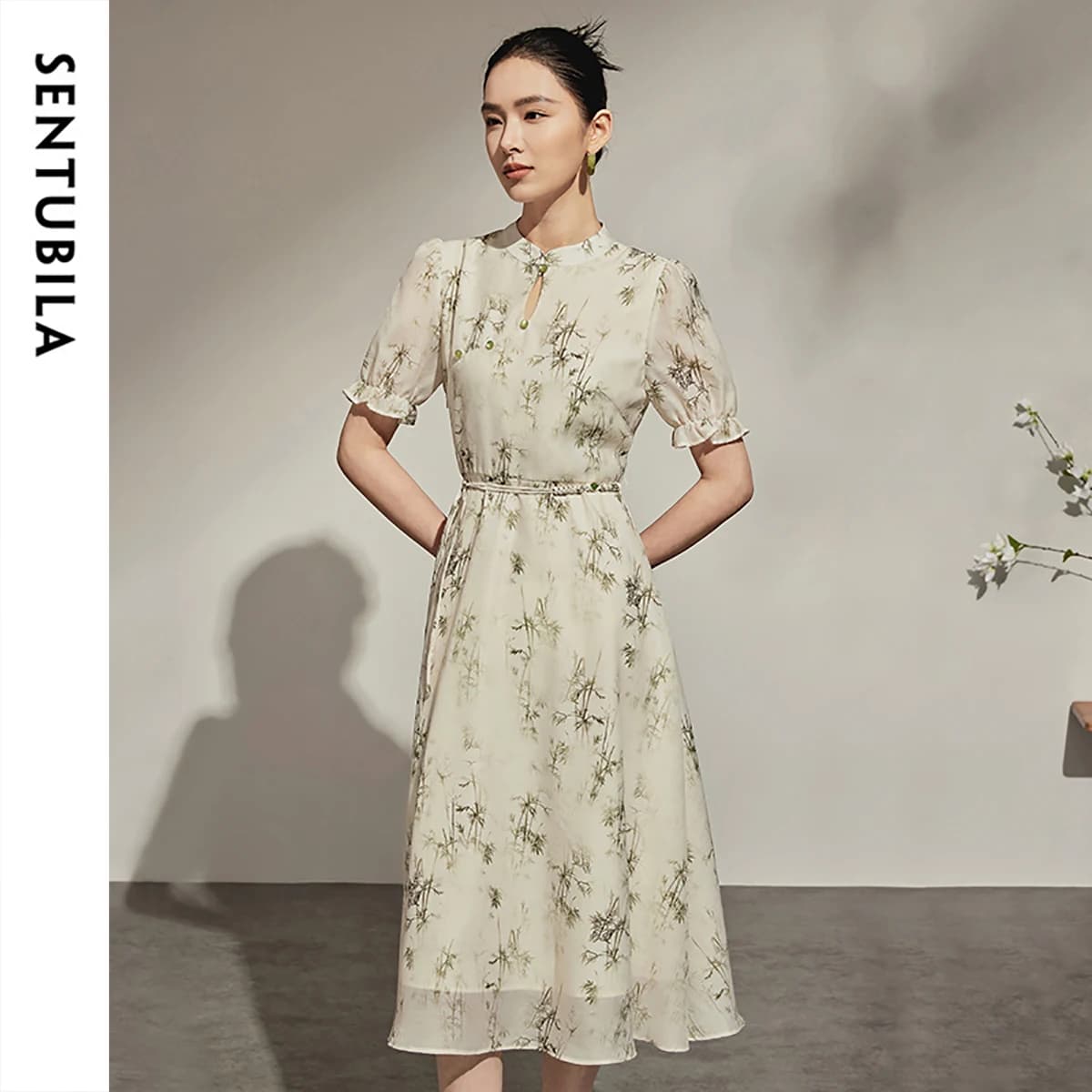 SENTUBILA Summer Printed Midi Dress for Women 2026 Elegant Chinese Style Stand Collar Short Sleeve A-line Dresses 142L54263