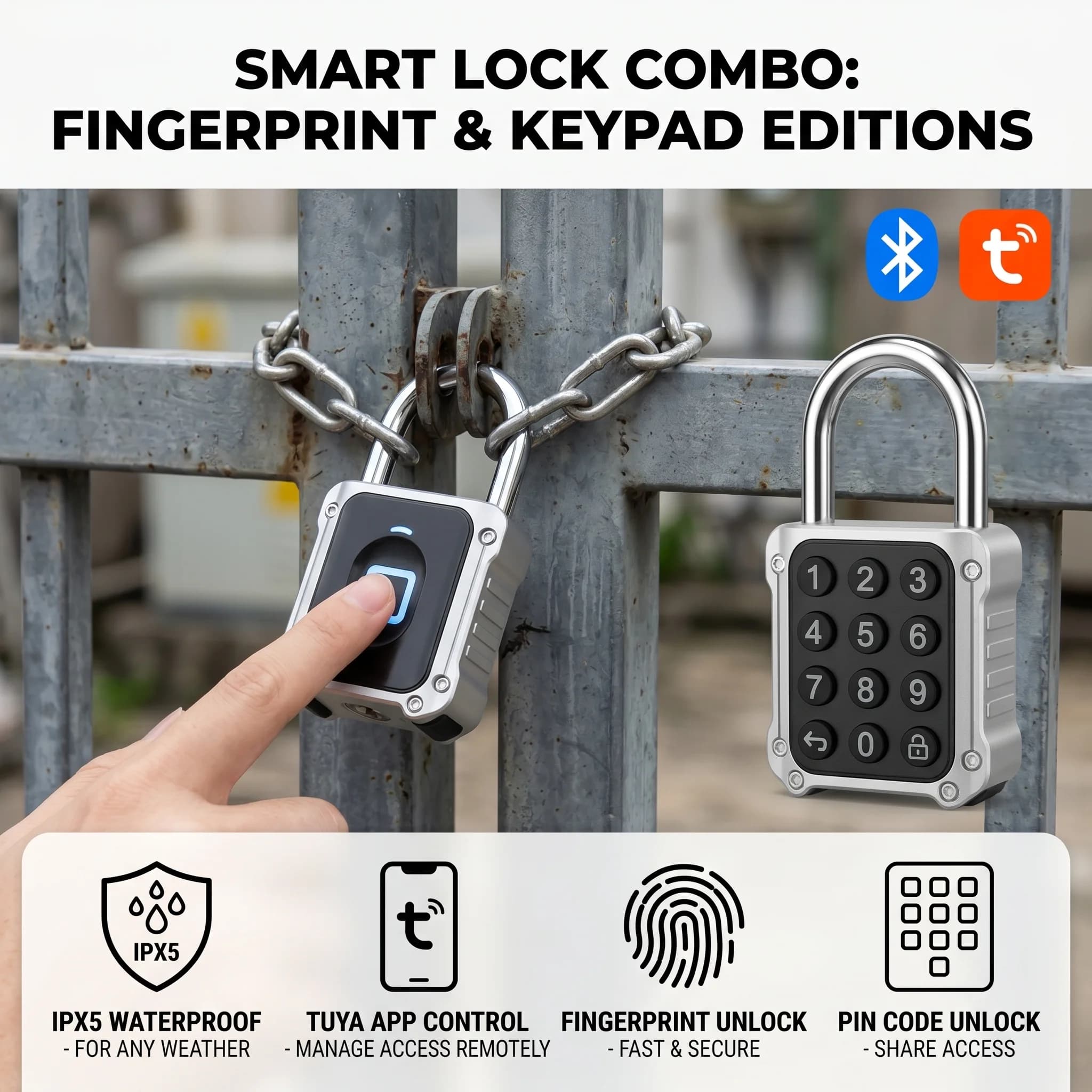 RAYKUBE SY702 Lucchetto Intelligente Tuya BLE con Sblocco Tramite Impronta Digitale/Password, Impermeabile in Lega di Zinco, Serratura di Sicurezza per Porte, Armadietti e Cancelli