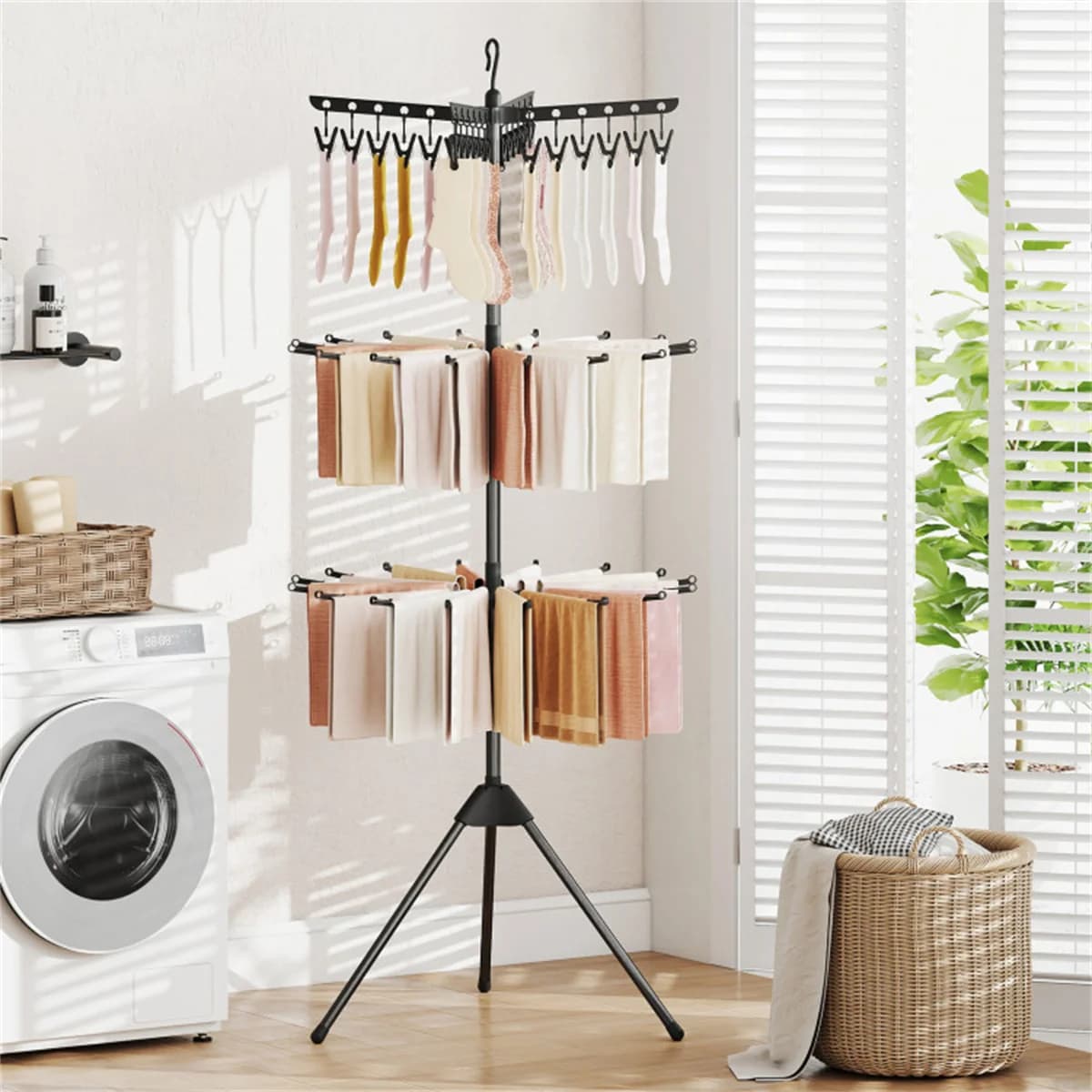 Treppiede Pieghevole Design 360 ° Stendibiancheria Girevole a Tre Livelli, Adatto per Balconi Domestici e Uso Interno/Esterno