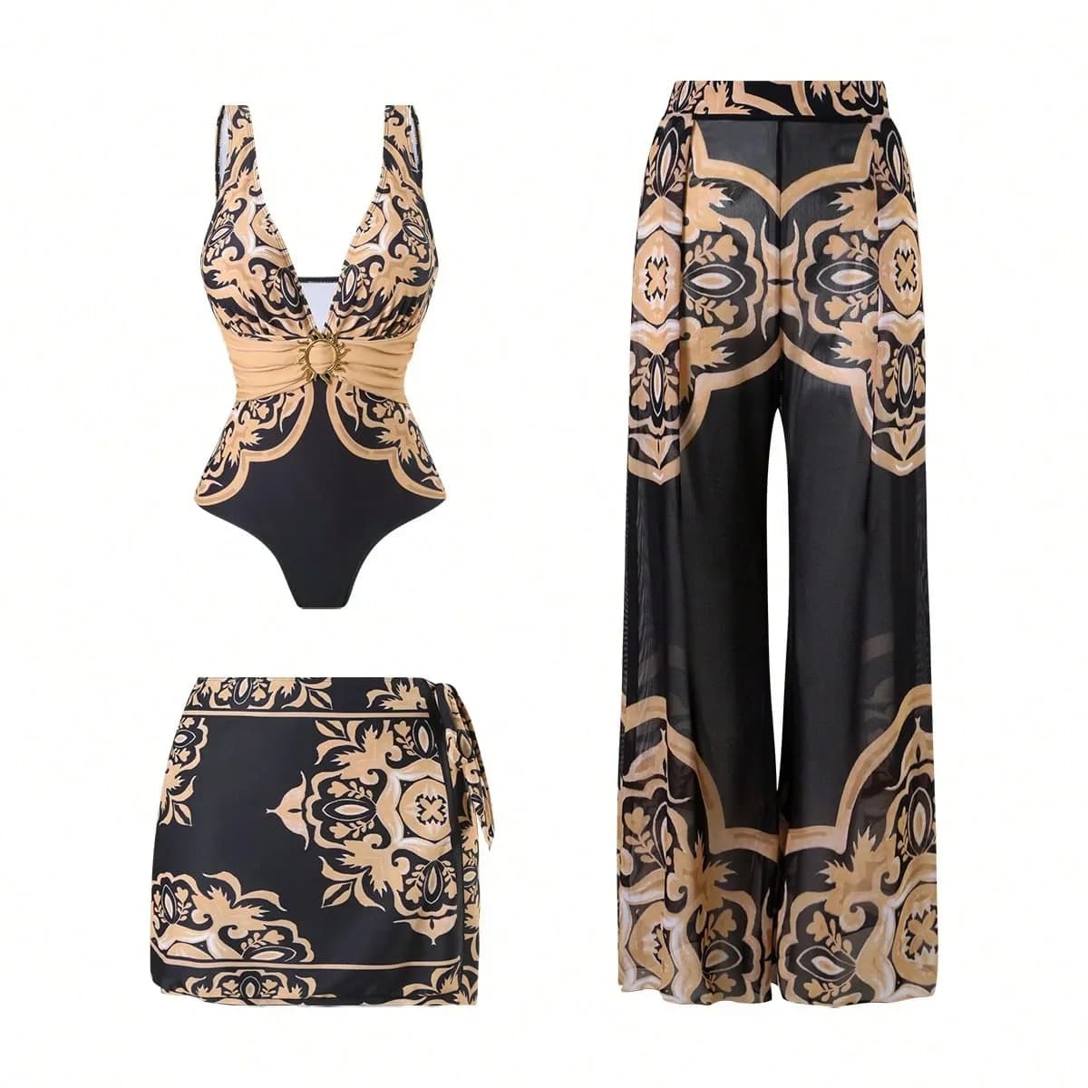 Costume da bagno intero sexy da donna con gonna push-up con lacci e fasciatura Body brasiliano con scollo a V profondo senza schienale