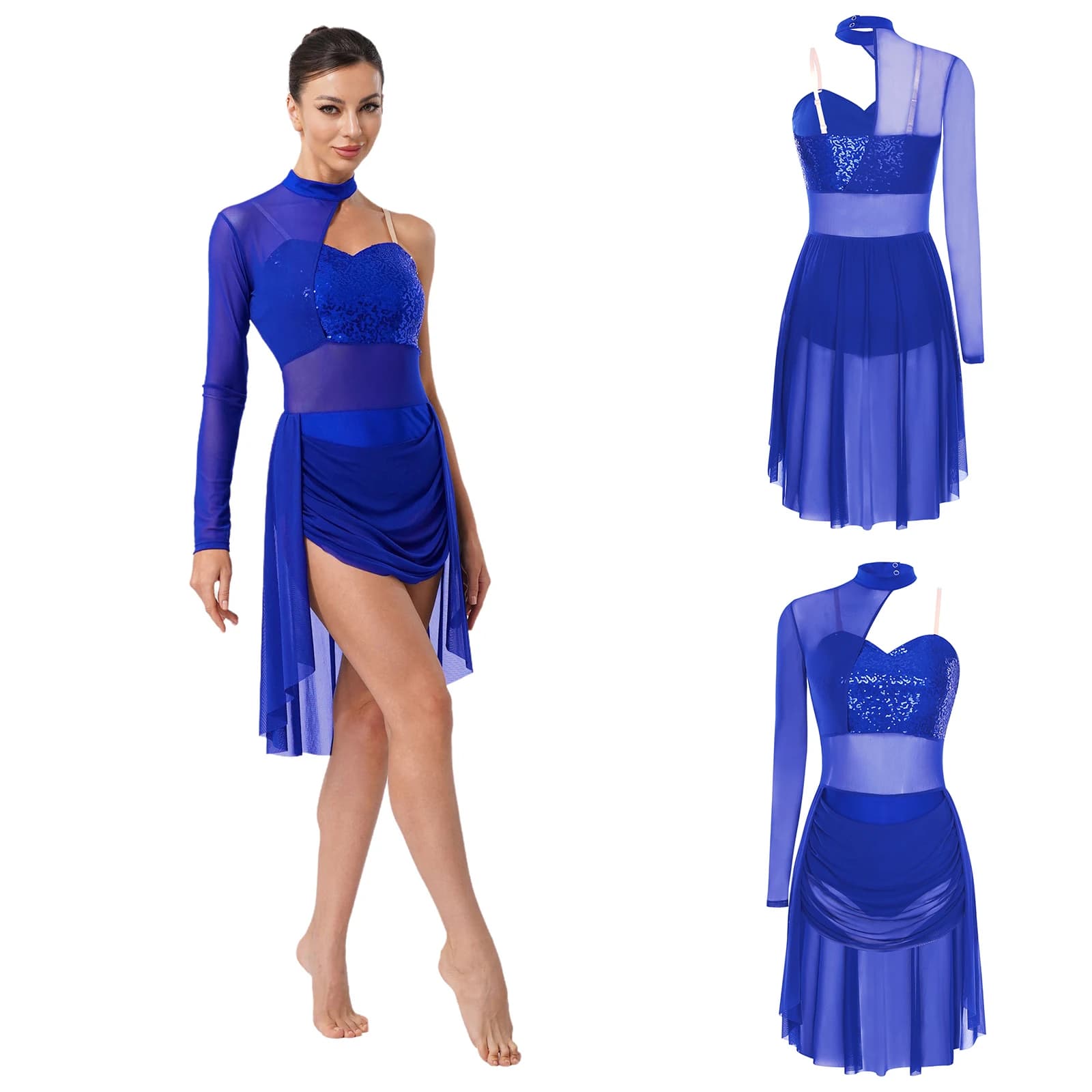Abito da ballo per balletto lirico da donna, pattinaggio di figura, ginnastica, costume da performance, body con una spalla in rete trasparente con paillettes scintillanti