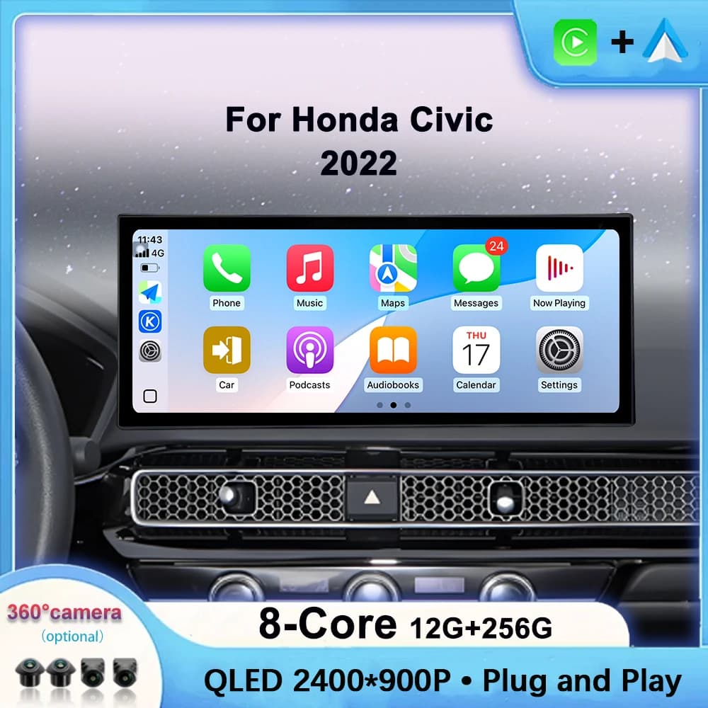 Android Auto Lettore Multimediale Per Auto Touch Screen 12.3 "QLED 2400*900P Per Honda Civic 2022 WIFI 4G Bluetooth Wireless Carplay DVR