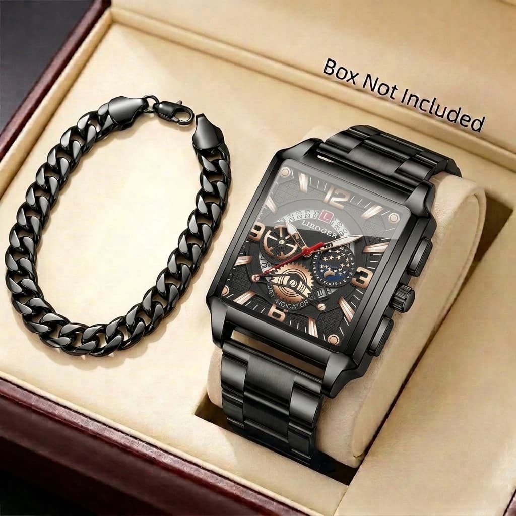 2PCS/Set Fashion Rectangle Men Business Watches Luxury Stainless Steel Band Calendar Quartz Wristwatch Bracelet Set（Without Box）