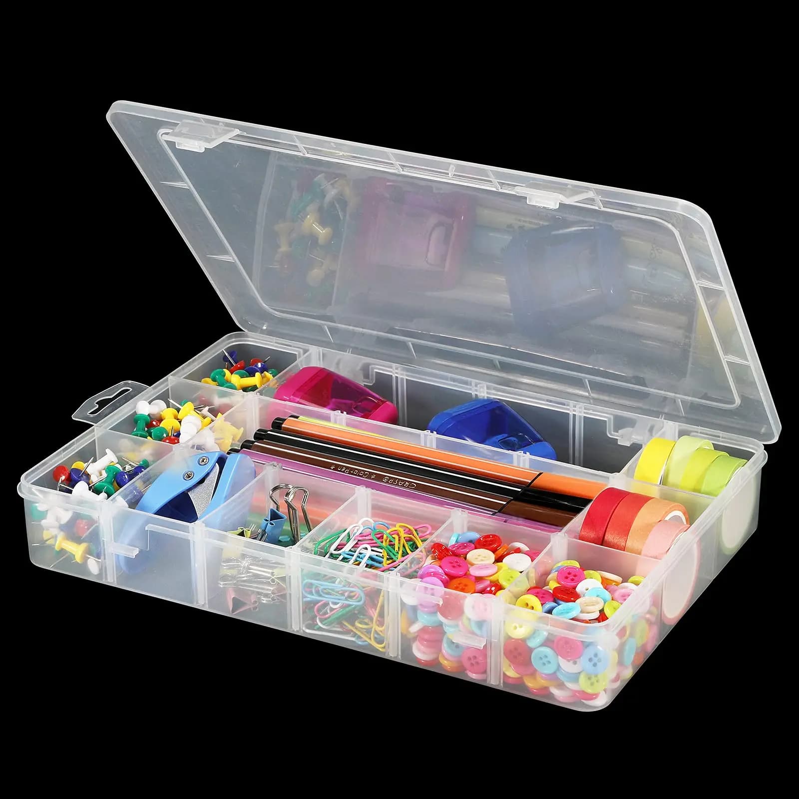 15 compartment transparent plastic organizer box with dividers - Washi tape resistant container, beads, jewelry, crafts, fishing