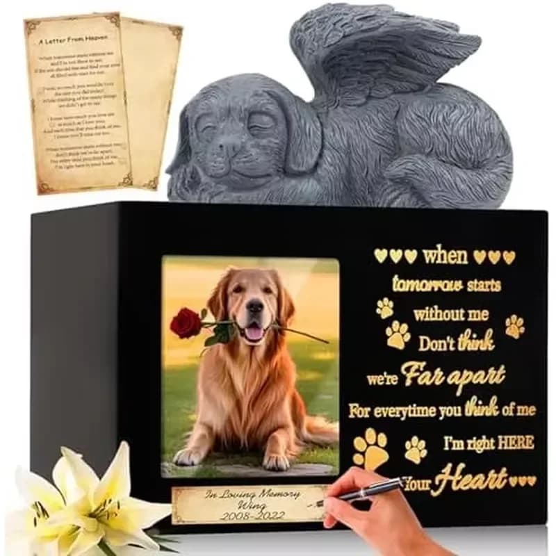 Wooden Waterproof Memorial Pet Keepsakes UrnsPet Ashes Box with Photo Frame Dog Angel Statue Handmade Pet Urns for Dog Cats