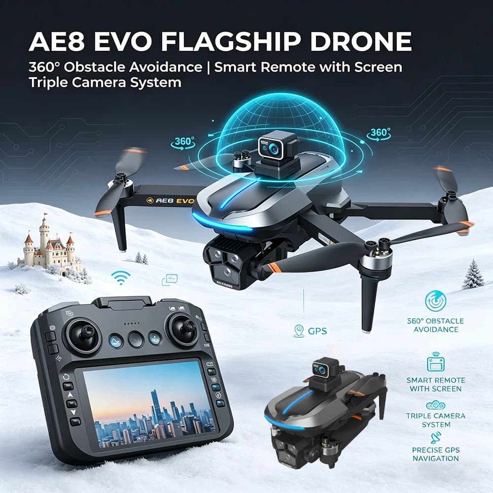 Drone AE8 EVO GPS 8K Professionale HD 360 ° Quadricottero Giocattolo Pieghevole con Doppia Fotocamera, 5G WIFI, Motore Brushless, Evitamento Ostacoli e Schermo