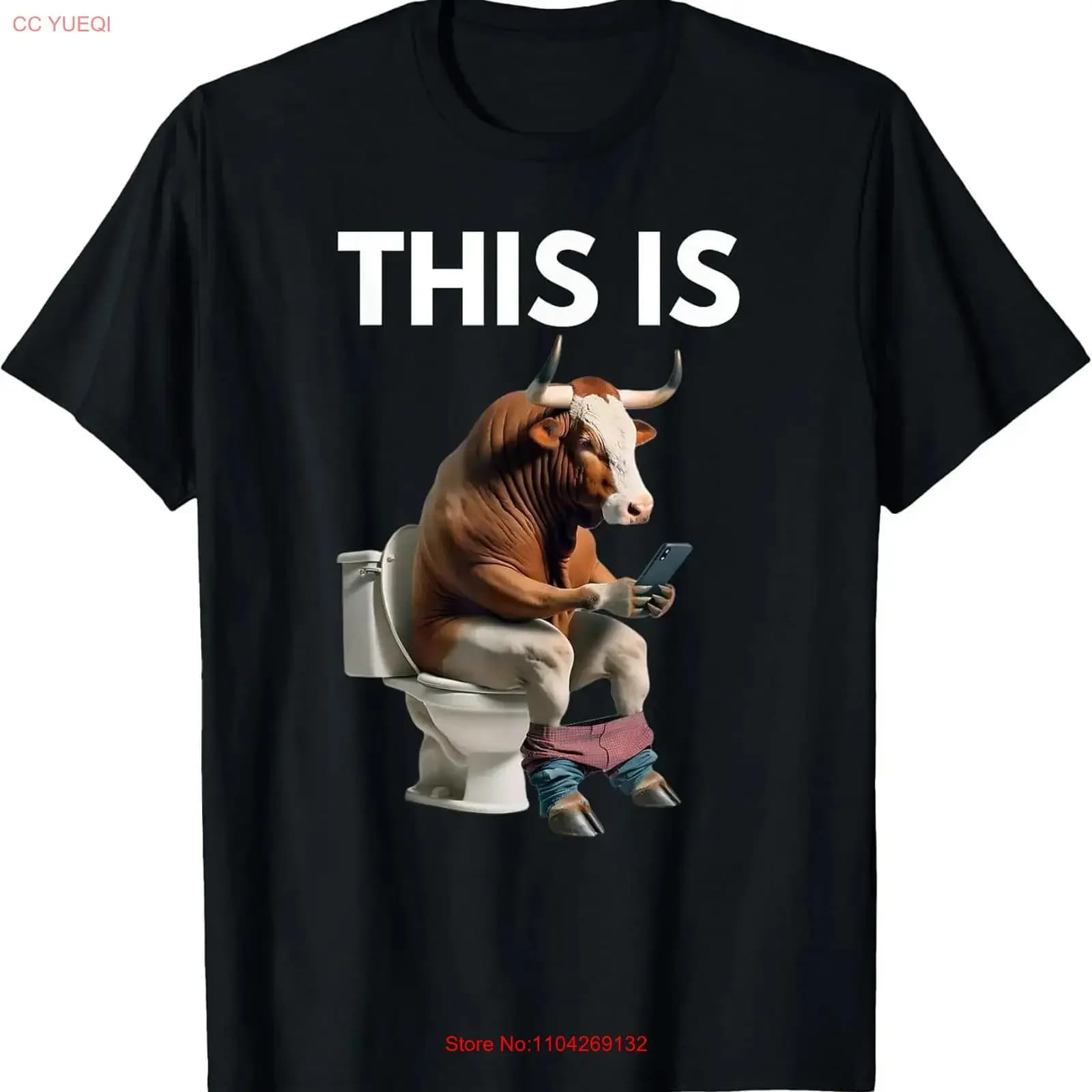 Maglietta con stampa di un toro che si trova in posizione sull' WC e fa il bagno con lo smartphone, prodotta negli Stati Uniti, vintage, lavata, abbigliamento di design, streetwear