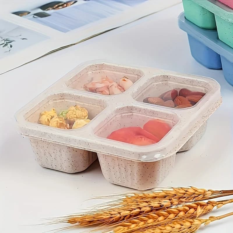 Set di 2 contenitori per il pranzo in plastica riutilizzabili con coperchi - Paglia di grano senza BPA, contenitori per alimenti a 4 scomparti per la preparazione dei pasti, Saf