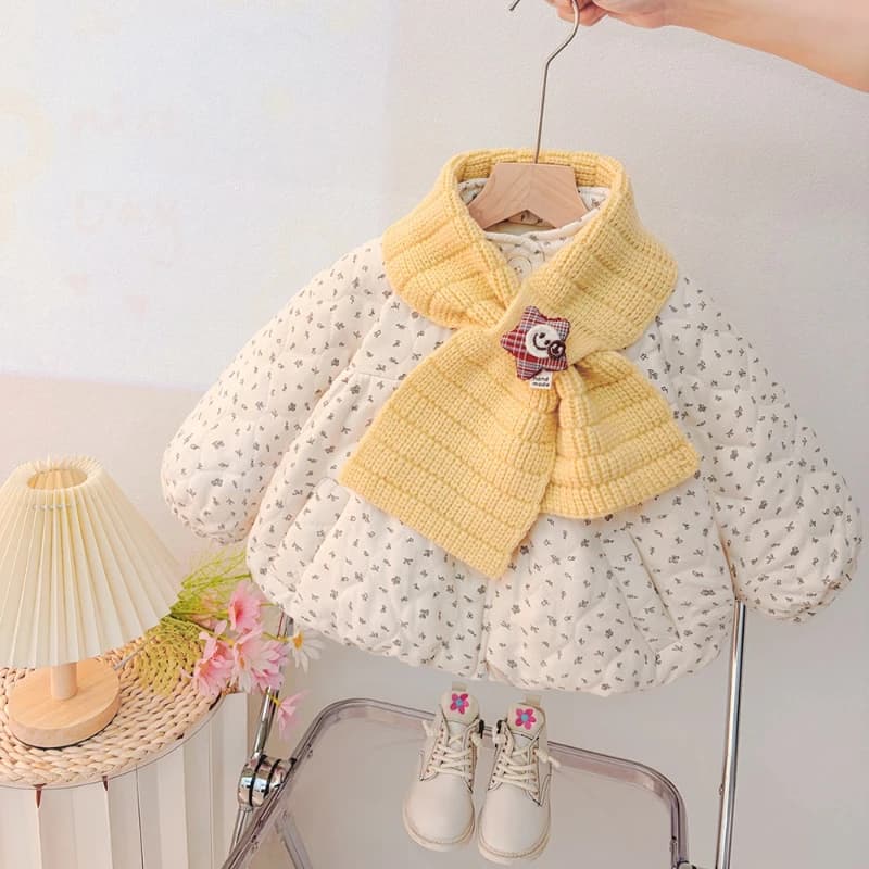Inverno 2025 Nuova giacca in cotone a trapezio in cotone spesso floreale per bambini con sciarpa