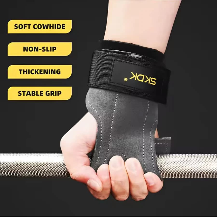 2Pcs Cowhide Gym Gloves Grips Anti-Skid Weight Power Belt Lifting Pads Deadlift Workout Fitness Palm Protection Training Guards