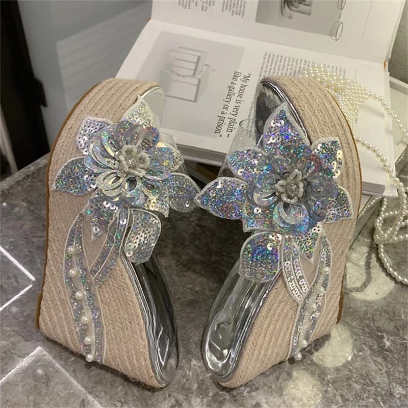 Aneikeh Fashion Platform Wedges High Heels Bling Sequin Fabric Flower PVC Transparent Women Slippers Summer Banquet Party Shoes